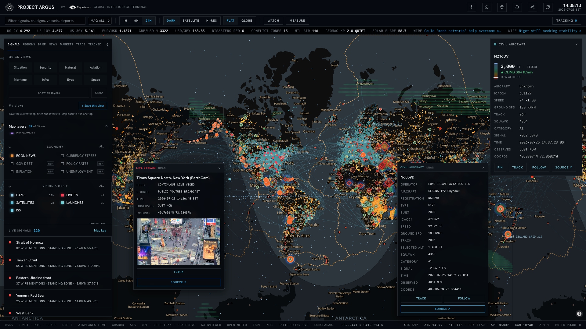 The Project Argus terminal open on the live world map, with an aircraft detail panel, a live public camera feed and the market ticker all showing real, current data